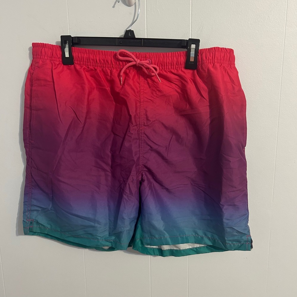 Uzzi Mens XL Swim Trunks Ombre Pink Purple Teal Gradient Mesh Lined Board Shorts